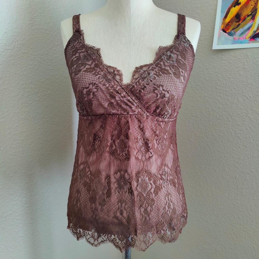 Vintage‎ Y2K Brown Lace Camisole Tank Top Cami Indie Boho Fairycore Lingerie Sm